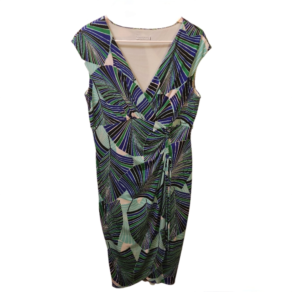 London Times blue, green,black,white  tropical dress ruched on the side V-neck